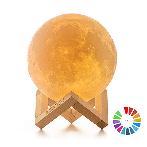 Lámpara Luna 3D, ICONNTECHS Brillo Regulable 16 Colores RGB Recargable USB Control remoto y Control táctil LED Lunar Luz Nocturna Decorativa para Dormitorio, Salón, Regalo para Mujeres y Niños 15cm, L