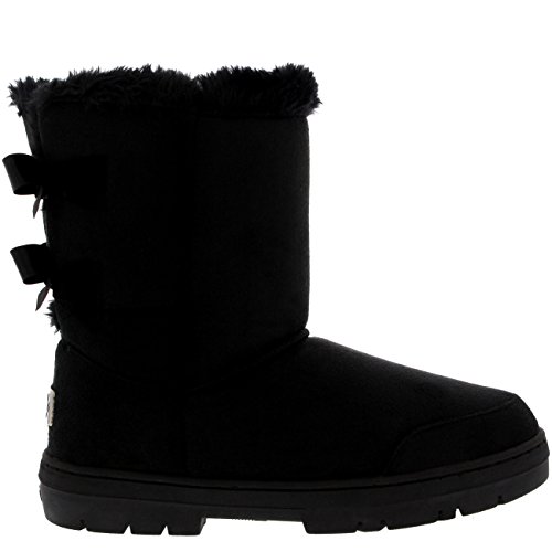 Mujer Twin Bow Tall Classic Fur Impermeable Invierno Rain Nieve Botas - Negro - 41