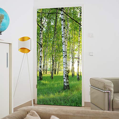 murimage Papel Pintado Puerta Bosque 3D 86 x 200 cm Incluye Pegamento Madera Plantas Abedules Árboles Sol Habitación Fotomurales Pared