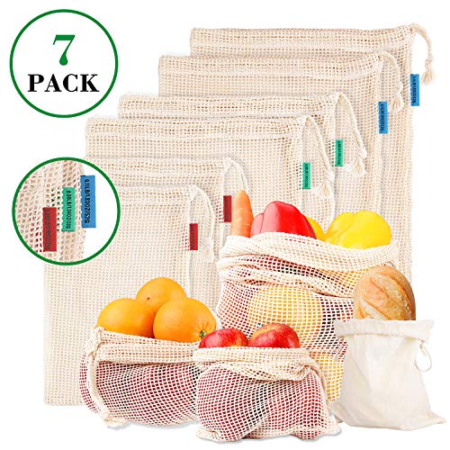 Ommani Bolsas Reutilizables de Compra para Frutas, Verduras, Juguetes Bolsas de Malla de Algodón Ecológicas Lavables y Transpirables Libre de BPA con Cordón Biodegradables Set 7 (2*S 2*M 2*L 1*B)