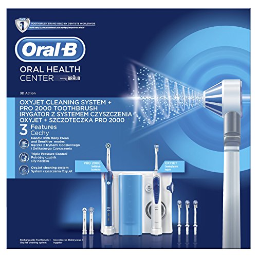 Oral-B PRO 2000 - Estación de Cuidado Bucal: Mango de Cepillo Eléctrico + Oxyjet Irrigador con Tecnología Braun, 4 Cabezales Oxyjet, 3 Cabezales de Recambio