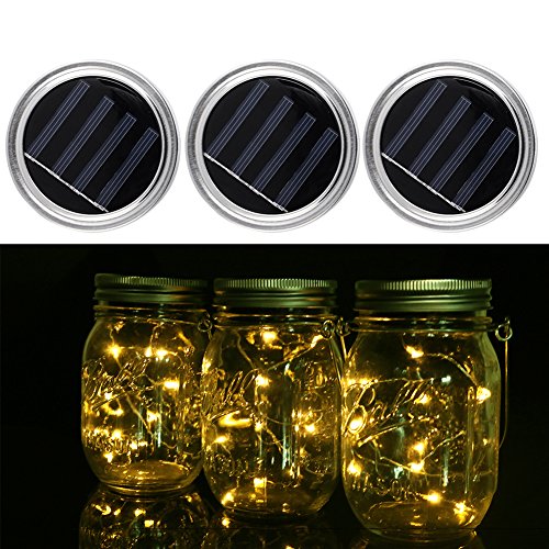 Pack de 3 luces solares Mason Jar Lid - Navidad, batería, guirnalda de luces LED, vaso, luz solar para exterior, jardín, Halloween, casa, fiesta, boda, decoración (sin bote)
