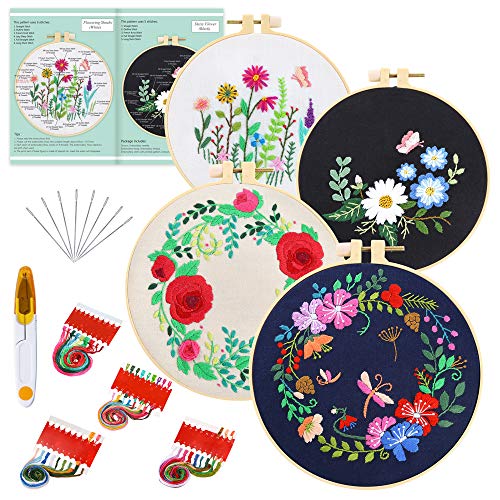 Pllieay - Kit de bordado con patrones e instrucciones (idioma español no garantizado), incluye ropa bordada con patrón floral, aros de plástico bordado, hilos de color y herramientas