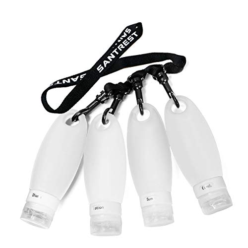 SANTREST Botellas De Silicona Conjunto De Viaje 98 ml/3.3 FL Oz Reutilizables y Plegable Aprobado por La TSA con Cordón(4 Pack White)