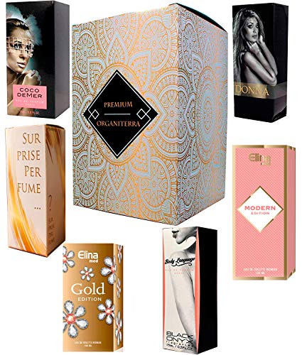 Set de 6 (seis) Perfumes para Mujer 15ml Cada uno en caja con spray. (Eau de Parfum / Eau de Toilette) En caja de regalo ORGANITERRA®