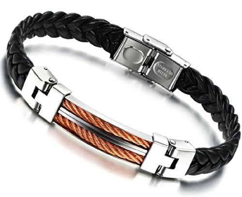 Stayoung Jewellery Puente de Amor Hombre Acero Inoxidable Pulsera/Brazalete Cuero Negro 3 Colores-Color Naranja Plateado