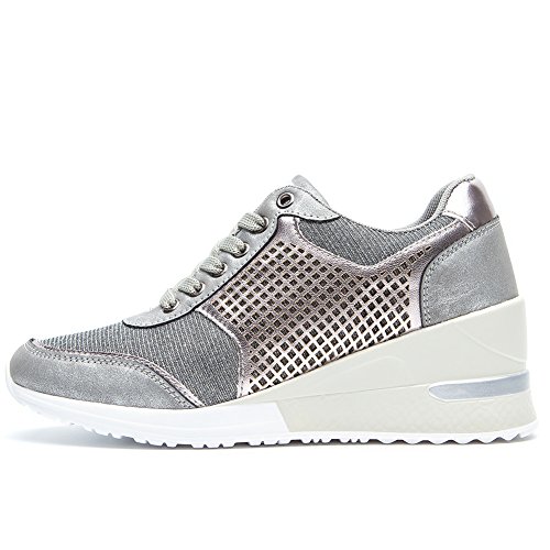 Zapatillas Deportivas Plataforma Cuña para Mujer - ANJOUFEMME Zapatos Wedge Sneakers Mujer, Apto para Todas Las Estaciones SM1-SILVER-38 Zapatillas Deportivas Plataforma Cuña para Mujer - ANJOUFEMME Zapatos Wedge Sneakers Mujer, Apto para Todas Las Estaciones SM1-SILVER-38