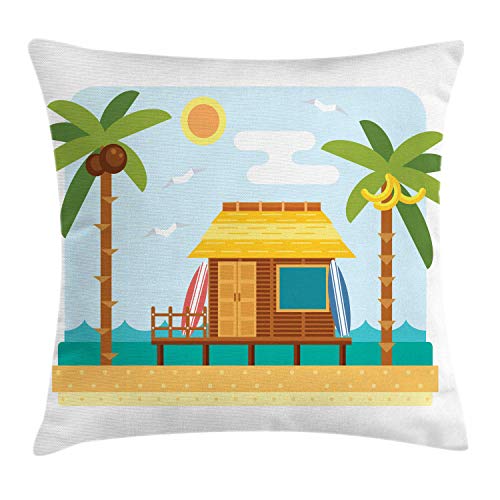 ABAKUHAUS Fiji Funda para Almohada, Bungalow en una Playa de Tablas de Surf, Material Lavable con Cremallera Colores No Destiñen, 45 x 45 cm, Azul bebé Multicolor