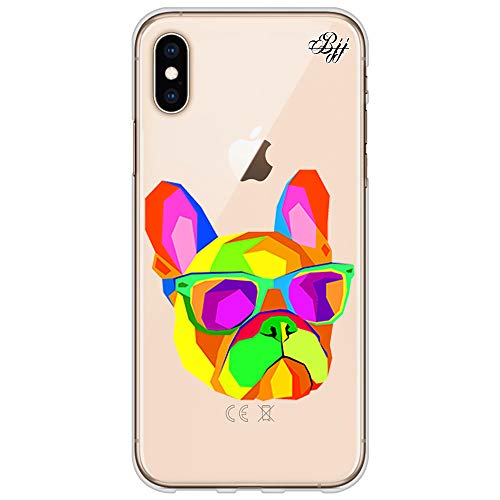 BJJ SHOP Funda Slim Transparente para [ iPhone XS MAX ], Carcasa de Silicona Flexible TPU, diseño: Bulldog Frances Multicolor con Gafas