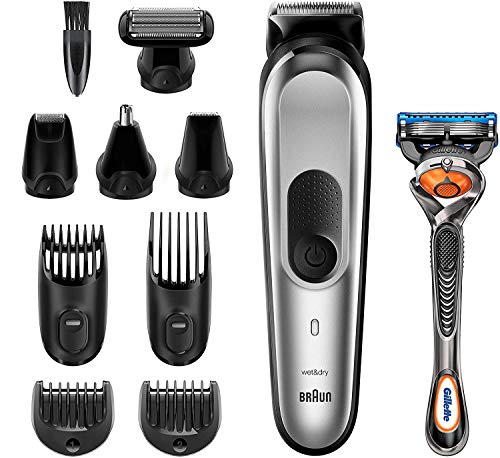 Braun Recortadora MGK7220 10 en 1, Máquina recortadora de barba, set de depilación corporal y cortapelos para hombre, color gris plateado Braun Recortadora MGK7220 10 en 1, Máquina recortadora de barba, set de depilación corporal y cortapelos para hombre, color gris plateado