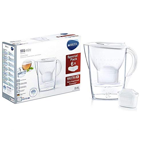 BRITA Marella – Jarra de Agua Filtrada con 6 cartuchos MAXTRA+ – Filtro de agua BRITA de color blanco que reduce la cal y el cloro – Agua filtrada para un sabor excelente