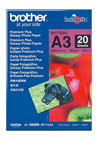Brother BP71GA3 - Pack de 20 hojas de papel fotográfico Glossy Premium A3 (260 g/m2)