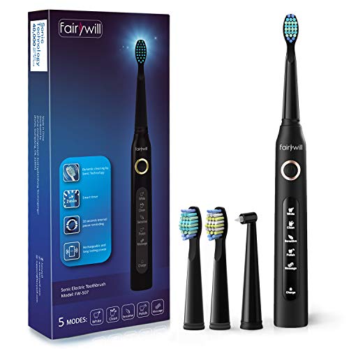 Cepillo Electrico Dientes-Fairywill Cepillo Dientes Sonico con 5 Modos de Cepillado, Carga 4 Horas por 30 Días, 3 Recambio Cabezales, IPX7 Impermeable Negro FW-507 Cepillo Electrico Dientes-Fairywill Cepillo Dientes Sonico con 5 Modos de Cepillado, Carga 4 Horas por 30 Días, 3 Recambio Cabezales, IPX7 Impermeable Negro FW-507