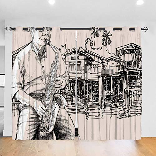 Cortina Opacas con Ojales,Arte con un saxofonista de Jazz Jugando en la Orilla del río Palmeras Bungalow Reflexión,Cortinas de Dormitorio y Salón Térmicas Aislantes，2 Piezas(260cmx180cm)