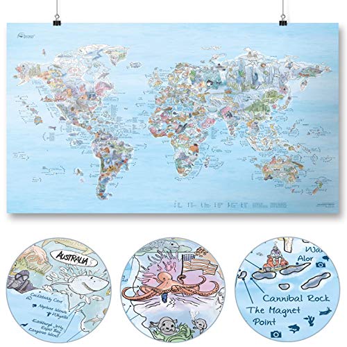 Dive Map by Awesome Maps - Mapa mundial ilustrado para los aficionados al buceo - reescribible - 97.5 x 56 cm
