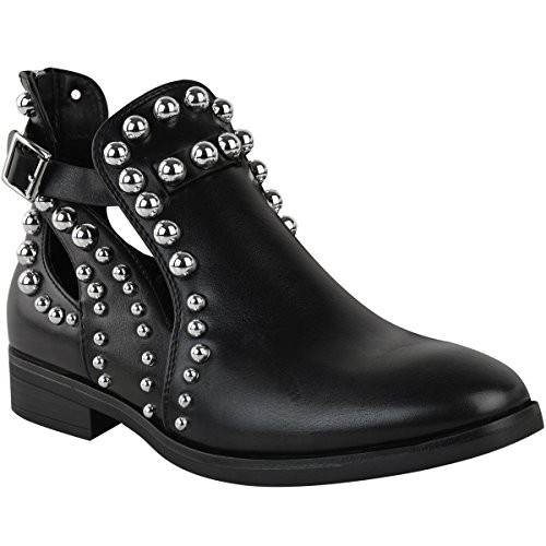 Fashion Thirsty Mujer Negros Planos Botines Chelsea con tachuelas Adornado Corte Zapatos Núm. GB - Negro Piel Sintética/Color Plateado tachuelas, 37