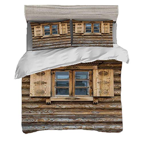 Funda nórdica Tamaño doble (150 x 200 cm) con 2 fundas de almohada Persianas Juegos de cama de microfibra Ventanas con persianas estampadas en la pared de la antigua cabaña de madera,marrón beige Easy Funda nórdica Tamaño doble (150 x 200 cm) con 2 fundas de almohada Persianas Juegos de cama de microfibra Ventanas con persianas estampadas en la pared de la antigua cabaña de madera,marrón beige Easy