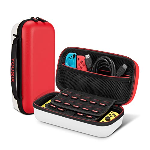 Funda para Nintendo Switch – Younik Versión Mejorada Viaje rígida Case con más Espacio de Almacenamiento para 19 Juegos, Protector Pantalla - Rojo & Blanco