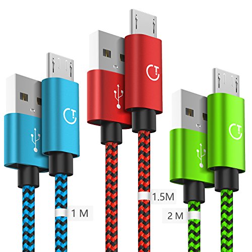 Gritin Cable Micro USB, 3-Pack [1M, 1.5M, 2M] 2.4A Micro USB Cable - Cable de sincronización Micro USB Trenzado de Nylon para Samsung, Nexus, Kindle, HTC, LG, Sony, PS4 y más (Verde,Rojo,Azul)