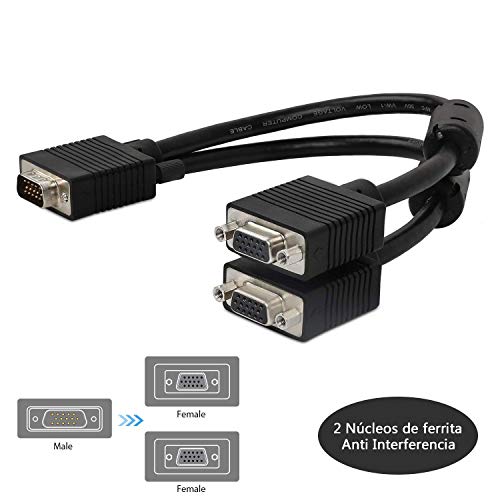 ICZI Cable Duplicador VGA con 2 Núcleos de ferrita Splitter VGA Adaptador con Conectores niquelados Macho a Hembra para 2 Monitores Pantallas + Tapitas Anti-Polvo+ Velcro, 32CM Cada Lado ICZI Cable Duplicador VGA con 2 Núcleos de ferrita Splitter VGA Adaptador con Conectores niquelados Macho a Hembra para 2 Monitores Pantallas + Tapitas Anti-Polvo+ Velcro, 32CM Cada Lado