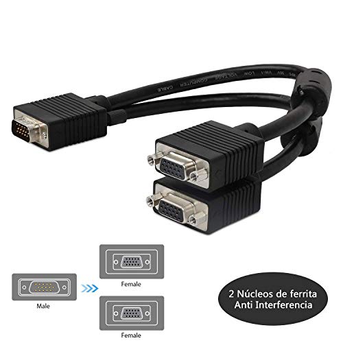 ICZI Cable Duplicador VGA con 2 Núcleos de ferrita Splitter VGA Adaptador con Conectores niquelados Macho a Hembra para 2 Monitores Pantallas + Tapitas Anti-Polvo+ Velcro, 32CM Cada Lado