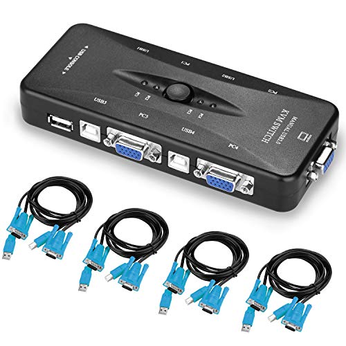 Intercambiador USB Switch KVM VGA, Caja AGPtek Adaptador de 4 Puertos USB 2.0 KVM, Intercambio con Un Botón, Incluye 4 Cables VGA, Ideal para PCs, Teclado, Ratón, Escáner, Impresora y Más