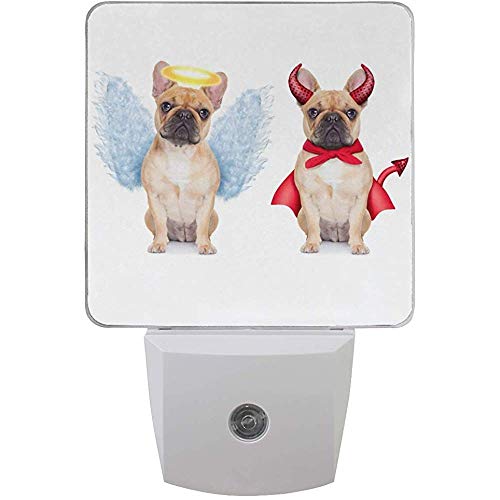 Katrine Store Cute Devil and Angel Fawn Bulldog francés Perro en Blanco LED Luz Nocturna Sensor automático Anochecer a Amanecer Enchufe en Interiores para Adultos