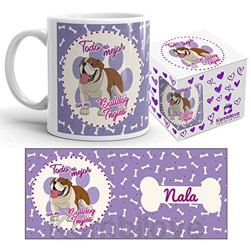 Kembilove Taza de Café de Perro Bull Dog Ingles Personalizada con Nombre – Taza de Desayuno Razas de Perro – Taza de Café y Té Mascota – Taza de Cerámica Impresa – Tazas de Perro Bull Dog Ingles