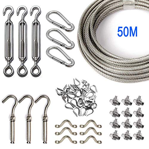 Kit de Cuerda de Acero Inoxidable, Kit de Luces para Exteriores, Kit de Suspensión de Cuerda, Cable de Cable de 50m con Tensor y Ganchos, Cable de Acero Galvanizado, Cable de Guía de Luz de Cadena