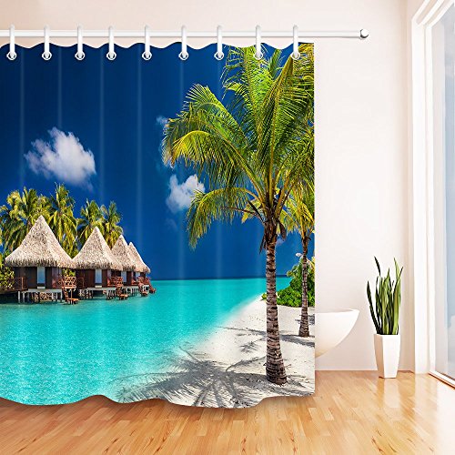 LB Isla Tropical Cortinas de baño Bungalows de Agua Palmeras y Playa de Arena Blanca Largas Resistente al Agua Antimoho Tejido de Poliéster Decoración de Baño,150X180CM