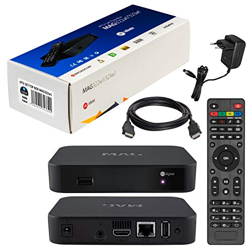 mag 322w1 Original Infomir & HB-DIGITAL IPTV Set Top Box con WiFi (WiFi) Integrado hasta 150Mbps (802.11 b/g/n) Multimedia Player Internet IPTV Receiver (Soporte HEVC H.256) + HB Digital HDMI Cable