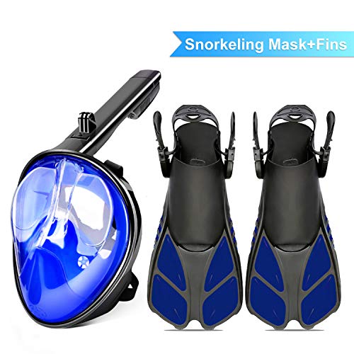 Máscara de snorkel de cara completa 180 °Plegable panorámica Máscara de buceo antiniebla Máscara de buceo Superficie curva + Aletas de buceo Snorkeling Set de snorkel para adolescentes adultos