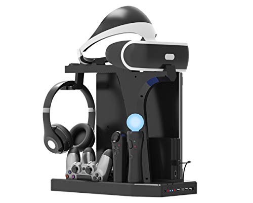 Playstation Soporte Vertical, PSVR Auriculares Headset Stand, Ventilador de Refrigeración, Estación de Carga Cargador de Controlador DualShock 4 y Move Motion, USB Hub, Mando Charger, PS4, Slim y Pro