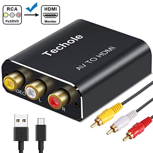 RCA a HDMI, Techole Aluminio 3 RCA Compuestas AV a HDMI Converter de Video y Audio con 3 Cables RCA y Cable USB, Soporte 1080P para Nintendo, Xbox, PS4, PS3, PC, TV, STB, VHS, DVD, Cámara, Wii