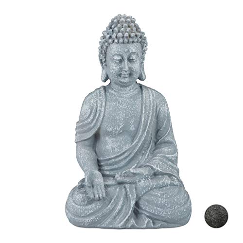 Relaxdays, Gris Claro, Estatua Buda Sentado para Jardín o Salón, Resina Sintética, 30 cm