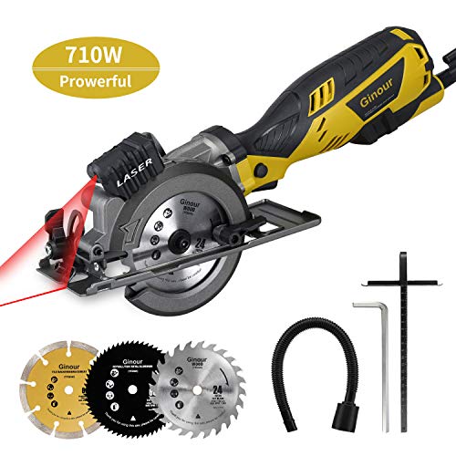 Sierra Circular, Ginour Mini Sierra Circular de mano 710W 3500 Rpm, 3 Hojas de sierra (24T, 60T y Diamante), Capacidad de Corte 90 °/42.8 mm 45 °/28 mm, Cortar Azulejo, Madera, Metal Blando, Plastico Sierra Circular, Ginour Mini Sierra Circular de mano 710W 3500 Rpm, 3 Hojas de sierra (24T, 60T y Diamante), Capacidad de Corte 90 °/42.8 mm 45 °/28 mm, Cortar Azulejo, Madera, Metal Blando, Plastico