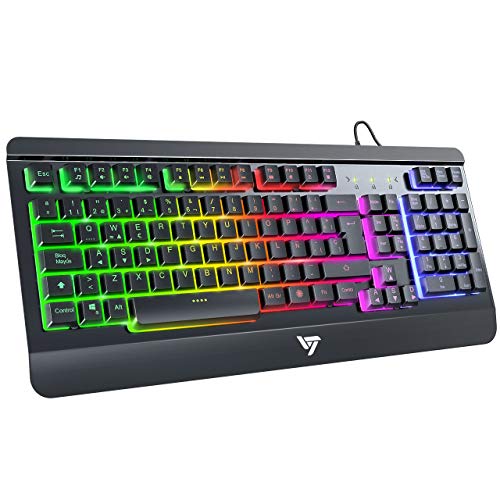 VicTsing Teclado Gaming Español USB, LED Multicolores Rainbow Retroiluminación y Panel Completamente Metálico, Teclado QWERTY Español Ideal para Juegos y Oficina