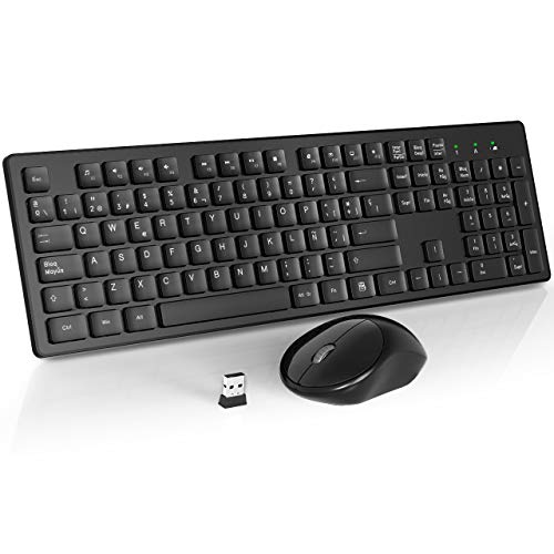 WisFox Packs de Teclado y Ratón Inalámbrico, 2.4GHz Slim Combo de Teclado y Ratón Inalámbrico Avanzado Silencioso Tamaño Completo Receptor USB Nano para Computadora Portátil, PC, QWERTY Español