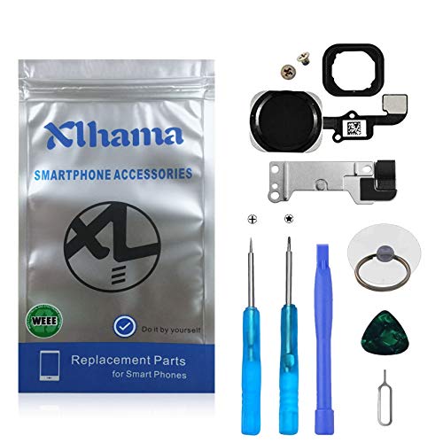 Xlhama Botón Home para iPhone 6S / 6S Plus Cable Flexible, Soporte de Metal preinstalado Kit Desmontaje transformación de reemplazo con Completa + Herramientas Incluidas-Negro
