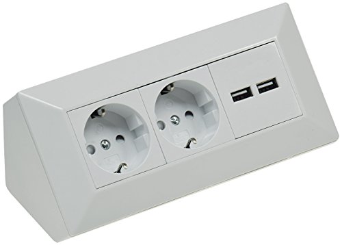 2 enchufes de esquina para mesa con 2 puertos USB, 230 V, en ángulo de 45°, precableado, para cocina o taller, color blanco