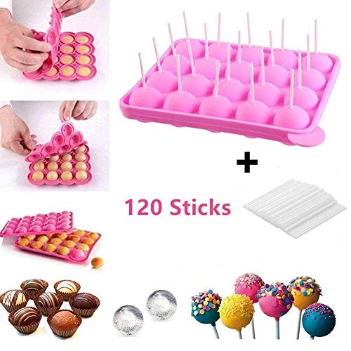 20 de Molde Lollipop,molde cake pops, silicona bandeja Stick mould +100 unidades de incienso, Lollipop partido de utensilios para hornear molde, Jelly y Chocolate, no adhesivas, rosa