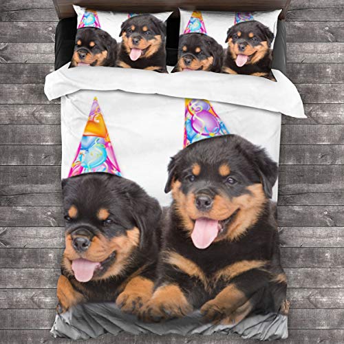 3 Piezas Juego Funda De Diseño Personalizado,Decoraciones de cumpleaños para niños,cachorros Rottweiler con sombreros de,Ropa de Cama Set 1 Edredón 2 Fundas de Almohada Microfibra jueg(200*200cm)