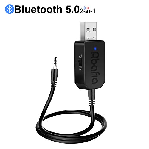 Abafia Adaptador Bluetooth USB 2-en-1, V5.0 Receptor Bluetooth y Transmisor Bluetooth, con Audio Inalámbrico 3.5MM Cable y LED Indicator, para TV, PC, Audio del Automóvil