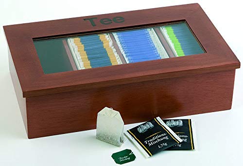 APS - Caja grande para té con 12 compartimentos, aprox. 30 x 28 cm, altura de 9 cm, caja de madera con ventana de acrílico de color rojo y marrón