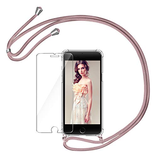 AROYI Funda con Cuerda para iPhone 7/8 + Protector Pantalla, Carcasa Transparente TPU Silicona Case con Colgante Ajustable Collar Correa de Cordón para iPhone 7/8, Oro Rosa