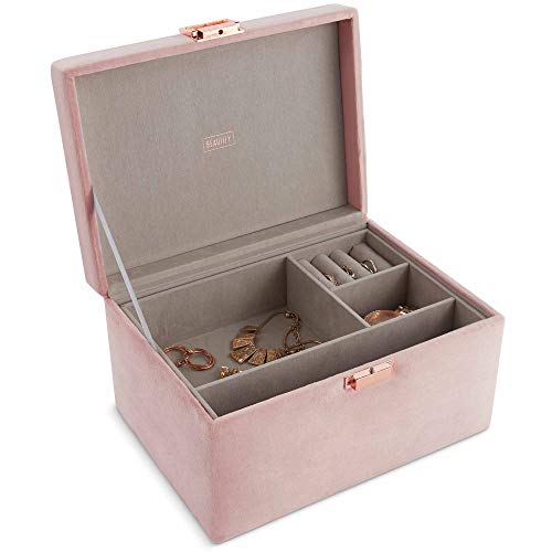 Beautify Caja Organizador Almacenamiento de Joyería de Terciopelo Rosa - 2 Compartimientos multiusos y almohadilla de anillos - Bandeja extraíble - Cierre de oro rosa