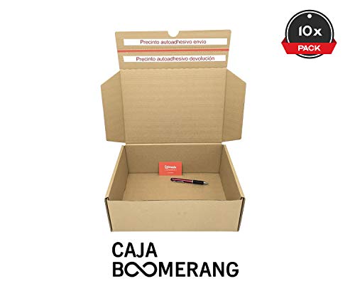 Cajeando | Pack de 10 Cajas de Cartón para Envíos (Caja Boomerang Doble Envío) | Tamaño 35 x 25 x 13 cm | Color Marrón | Permite Hacer Dos Envíos en Uno | Mudanzas | Fabricadas en España