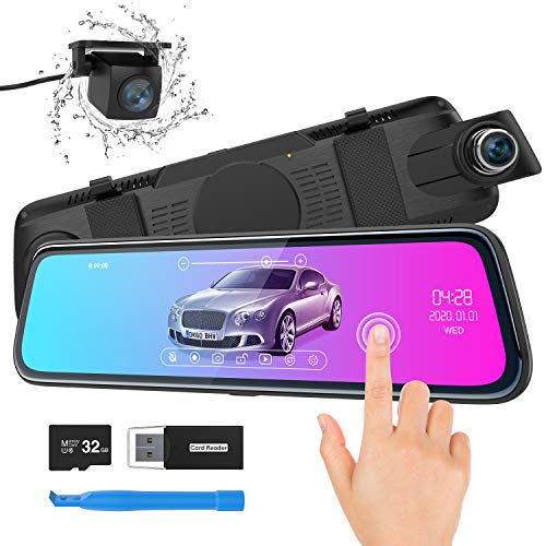 Cámara de Coche, ThiEYE Espejo Dash CAM 10" 1080P Full HD Pantalla táctil Doble Lente con WDR,G-Sensor, Grabación en Bucle, Visión Nocturna, Monitor de Aparcamiento,Tarjeta SD de 32 GB