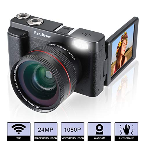 Camara de Fotos FamBrow Full HD 1080P 24MP Cámara Video Cámara Digital Camara Vlogging Cámara Compacta con Lente Gran Angular Pantalla Plegable