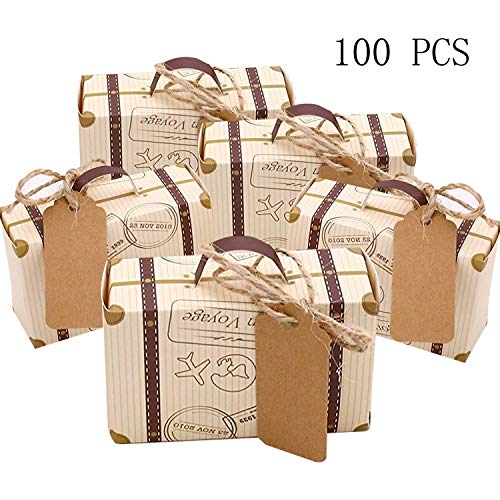 CNNIK 100 Piezas Mini maleta Caja Caja Favor Caramelo Caja Vintage Papel Kraft con etiquetas y hilo de arpillera para bodas/Viajes Fiesta temática Invitado Boda Ducha nupcial